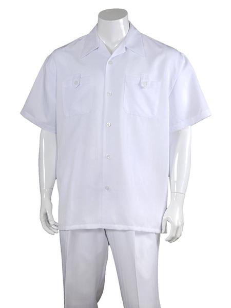  Men's 5 Button Solid White Casual 100% Polyester Short Sleeve Walking Suits 