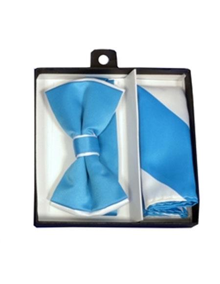  men's Polyester White / Turquoise Satin dual colors classic Bowtie with hankie