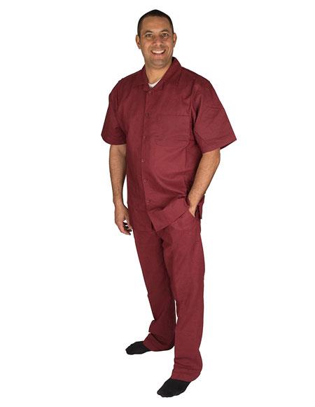  Men's 2 Piece Short Sleeve Walking Set With Pleated Pants 100% Linen Shirt Wine