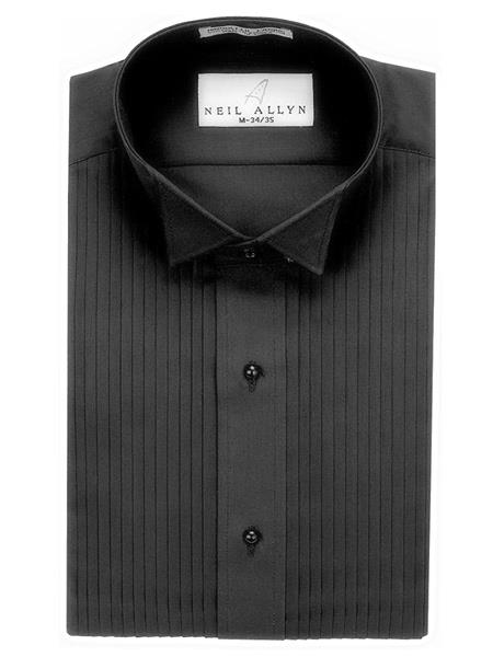  Men's Wing Tip Collared 1/4 Pleats Black Tuxedo Shirt 