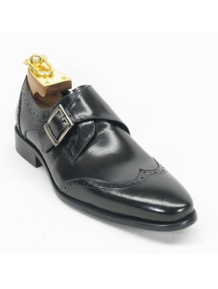  Men's Carrucci Monk Strap Etching Design Wing Toe Style Fashion Black Shoe