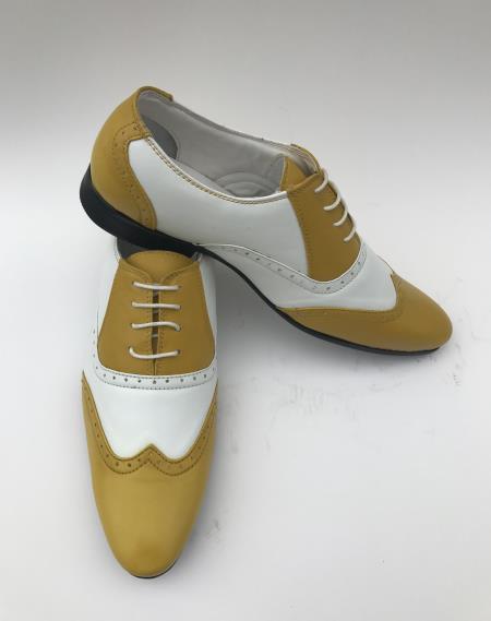 men's White/Khaki Lace Up Style Wing Toe Two Toned Shoes