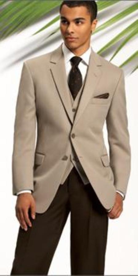 SKU#MASH2 Beige~Tan ~ Beige 2 Button Jacket & Vest + Brown P