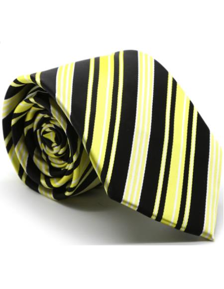 Silk Neck Tie W Hanky Yellow Stripe 