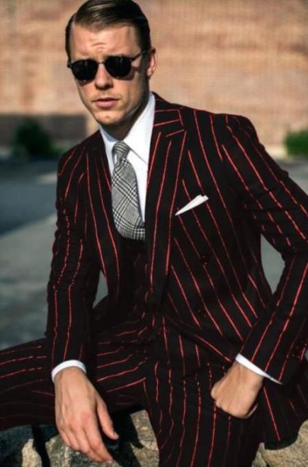 Pinstripe Long length Zoot 1940s men's Suits Style For sale ~ Pachuco men's Suit Perfect for Wedding Liquid Jet Black and red color shade pronounce visible Chalk Gangster Stripe ~ Pinstripe 3 Piece