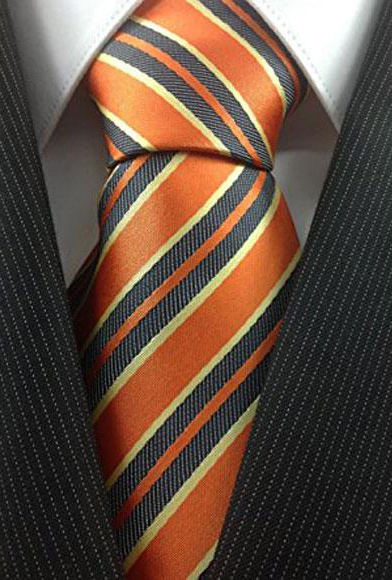  Men's Trendy Necktie Orange with Yellow and Grey Classic Stripe Design Tie 