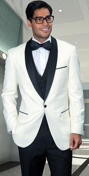  Statement Men's Modern Fit One Button Shawl (Black) Collar Three Piece Off White Fashionable Tuxedo