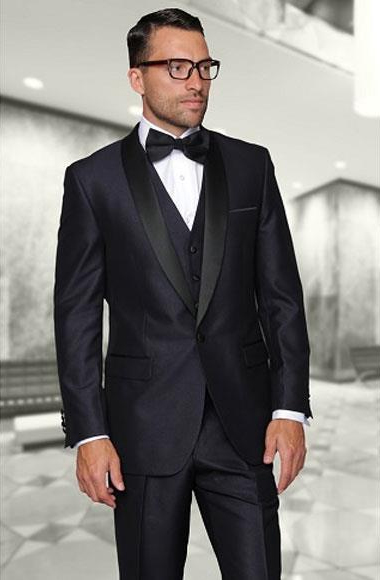 Shiny Flashy One Button Shawl (Black)Collar Three Piece Indigo Fashionable Tuxedo For Men 