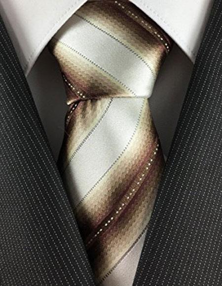  Men's Skinny Necktie Cream with Bronze Brown Unique Stripe Fashion Slim Tie