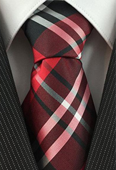  Men's Necktie Woven Plaid Pattern Red Black and White Classic Tie