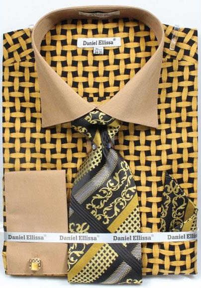  Men's Daniel Ellissa Bright Net Pattern Two Tone French Cuff Black/Mustard Dress Shirt Big and Tall Sizes Two Toned Contrast