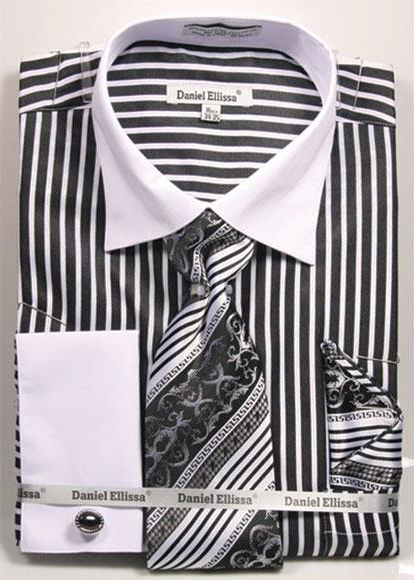  Men's Daniel Ellissa Stripe Pattern Two Tone French Cuff Black Dress Shirt White Collar Big and Tall Sizes Two Toned Contrast