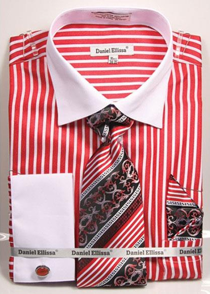  Men's Daniel Ellissa Stripe Pattern Two Tone French Cuff Red Dress Shirt White Collar Big and Tall Sizes Two Toned Contrast