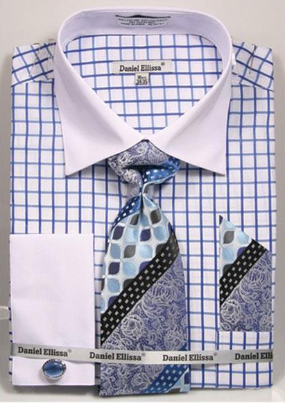 Men's Daniel Ellissa Checked Pattern Two Tone French Cuff Blue Dress Shirt White Collar Big and Tall Sizes Two Toned Contrast