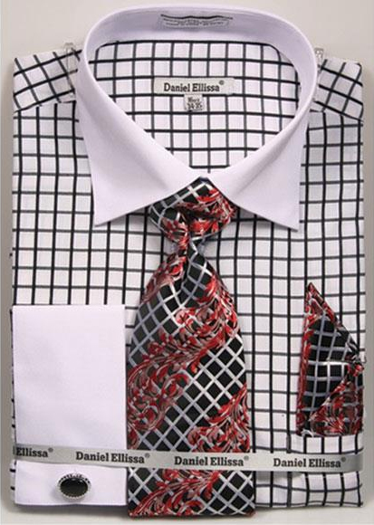  Men's Daniel Ellissa Black Checked Pattern Two Tone French Cuff Dress Shirt White Collar Big and Tall Sizes Two Toned Contrast