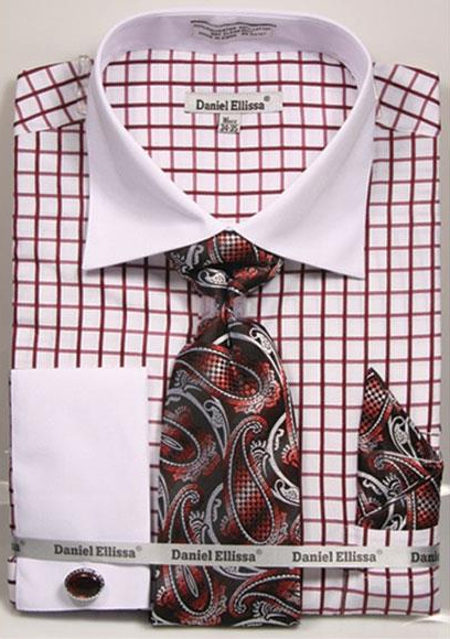 Men's Daniel Ellissa Checked Pattern Two Tone French Cuff Burgundy Dress Shirt White Collar Big and Tall Sizes Two Toned Contrast