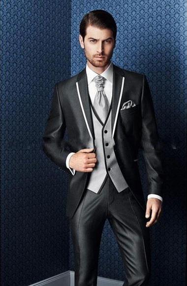  Men's Shiny Flashy Black Tuxedo With White Trim Two Wool  Toned Lapel Suit Flat Front Pants Regular Cut 