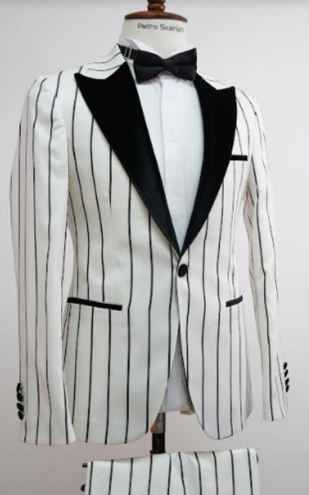  Men's White and Black Pinstripe 2 Button Notch Lapel Single Breasted Vest Suit