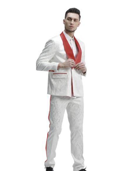  Men's 1 Button Shawl Lapel White and Hot Red Wedding Tuxedo Suit
