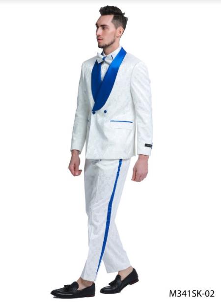  Men's Shawl Lapel 1 Button White and Royal Blue Suit For Men Perfect  Wedding Tuxedo Suit