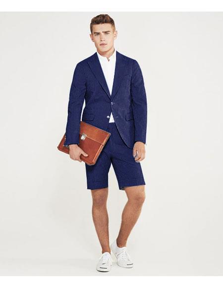men's summer business suits with shorts pants set (sport coat Looking) Navy Blue