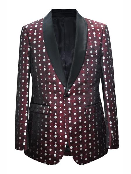  men's One Button Dot Designed Shawl Lapel Burgundy Sport Coat Blazer polka dot pattern!