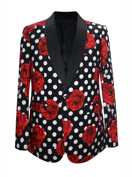  men's One Button Floral ~ Dot Designed Shawl Lapel Black Sport Coat Blazer