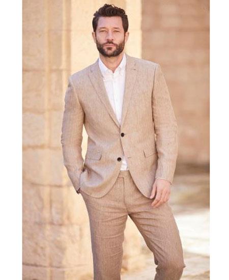  Two button notch lapel khaki linen suit for men Mens Linen Suit