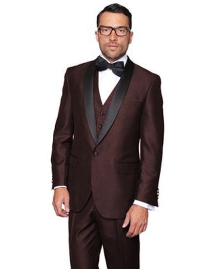  Men's Modern Fit 1 Button Shawl Lapel Dark Brown Dinner Jacket Wool 