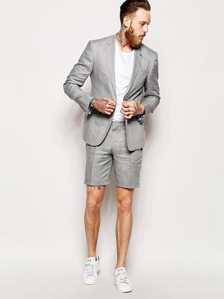 Men's Men's 2 Piece Mens Linen Suit Causal Outfits Fabric summer business suits with shorts pants set (sport coat Looking) Grey / Beach Wedding Attire Wool For Groom