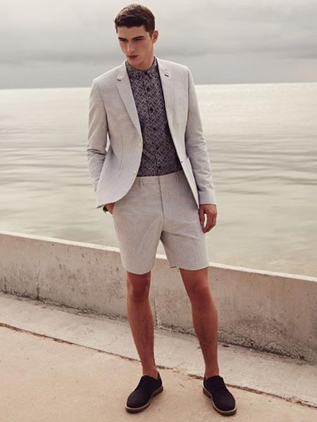 Men's 2 Piece Linen Causal Outfits Fabric summer business suits with shorts pants set (sport coat Looking) Light / Beach Wedding Attire For Groom