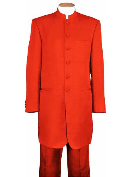  men's Mandarin Banded Collar Hot Red 6 Button Wool Two Piece Long Jacket