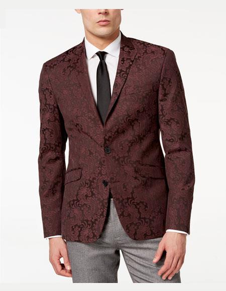  Men's Single Breasted Notch Lapel Slim Fit Paisley Pattern Burgundy Jacket