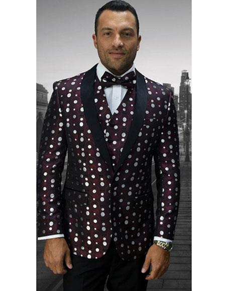  Men's Single Breasted Shawl Lapel Burgundy Polka Dot Pattern Vest Tuxedo