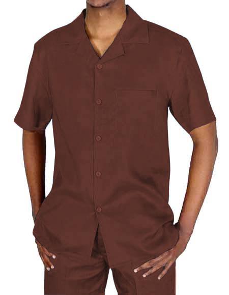 Mens Linen Suit - Mens Collared Button Closure Brown Short Sleeve Shirt / Beach Wedding Attire For Groom