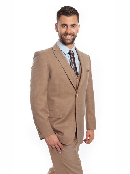 men's Windowpane ~ Plaid Checker 2 Button Vested Beige Suit