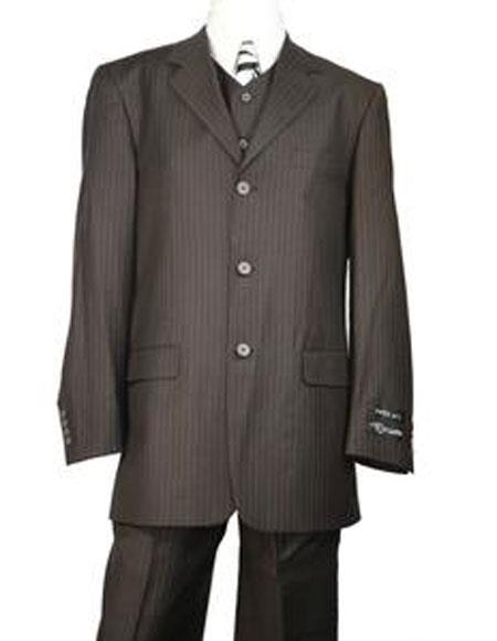 Very Dark Brown ~ Almost Charcoal Black With Pinstripe ~ Stripe 100% Wool Pleated Pants Three / 3 buttons Vested Suit