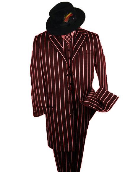 Suit For sale ~ Pachuco men's Suit Perfect for Wedding_AM_M282 SHIMMERY GANGSTER Dark Burgundy And Bold Pronounce White Stripe ~ Pinstripe Fashion Longer Jacket men's Suits