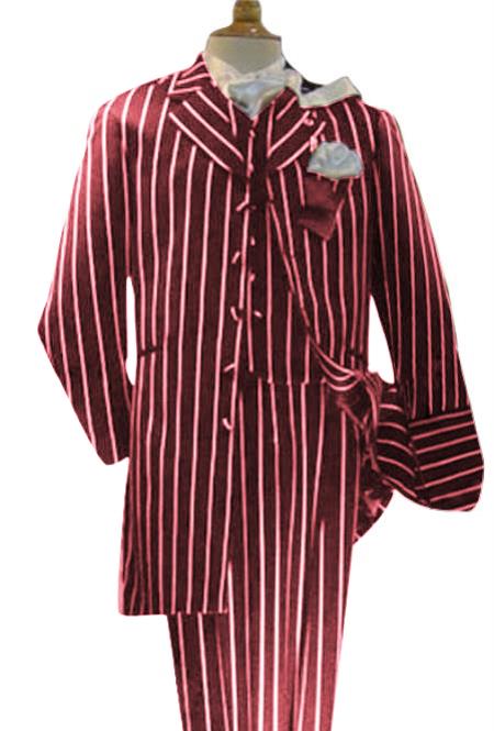  Men's Maroon High Fashion Single Breasted Bold Pronounce White Pinstripe Three Piece Zoot Suit For sale ~ Pachuco men's Suit Perfect for Wedding