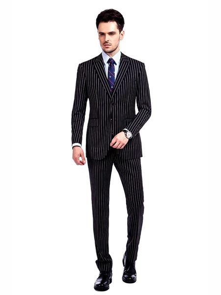  men's Button Closure Pinstripe wool Designed Black / White Suit