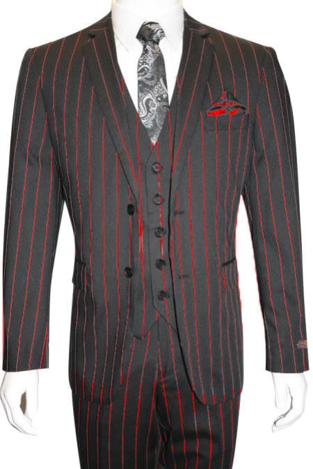 Men's Bold Gangster 1920s Vintage Gangster Bold Stripe 2 Button Vested Suit Black