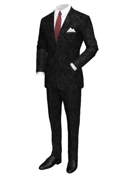  men's 2 Button Notch Lapel Paisley Designed Black Velvet Suit