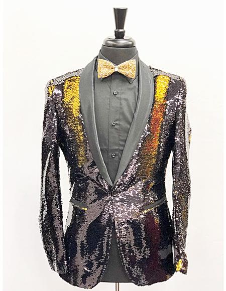  Men's Slim Fit Gold ~ Black Shawl Lapel Single Breasted One Button Blazer ~ Suit Jacket