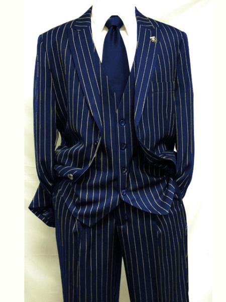 Men's Dark Navy Blue ~ White Gangster Bold PinStripe Mars Vested 3 Piece Fashion Suit