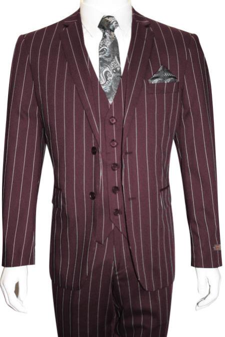  Men's Bold Gangster 1920s Vintage Dark Burgundy ~ White Gangster Bold Stripe 2 Button Vested Suit