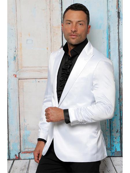  men's Shiny Flashy Satin Solid Blazer ~ Sport Coat  white Available in 2 buttons Notch Lapel