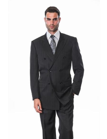  Men's Alberto Nardoni Double Breasted Black Shadow Stripe Ton one Tone Conservative Pinstripe Side Vents Suit 
