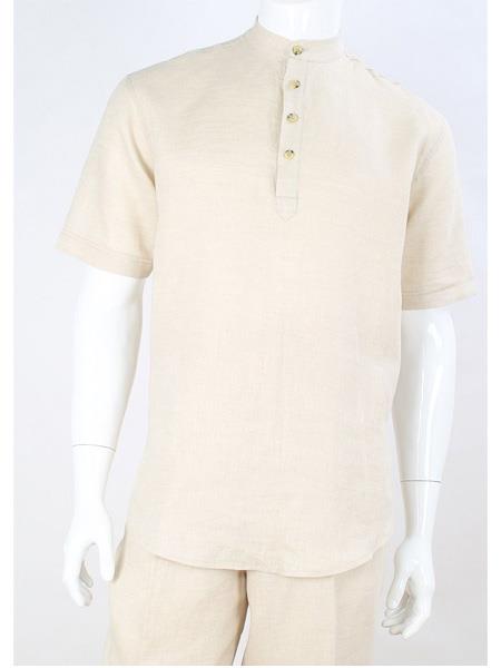 men's Apollo King Four Button Short Sleeve Linen Banded Collar Cream Casual Shirt  