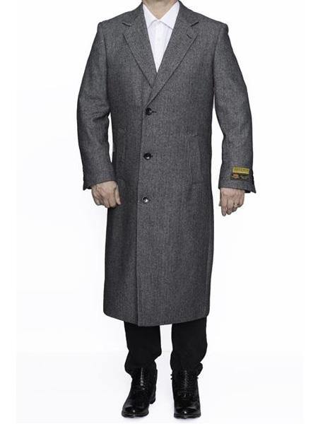  men's Three Button Notch lapel Full Length Wool Herringbone Gray Overcoat ~ Topcoat