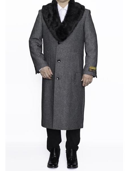  Mens Topcoat Mens Single Breasted Removable Fur Collar Full Length Wool Herringbone Grey  Top Coat ~ Overcoat